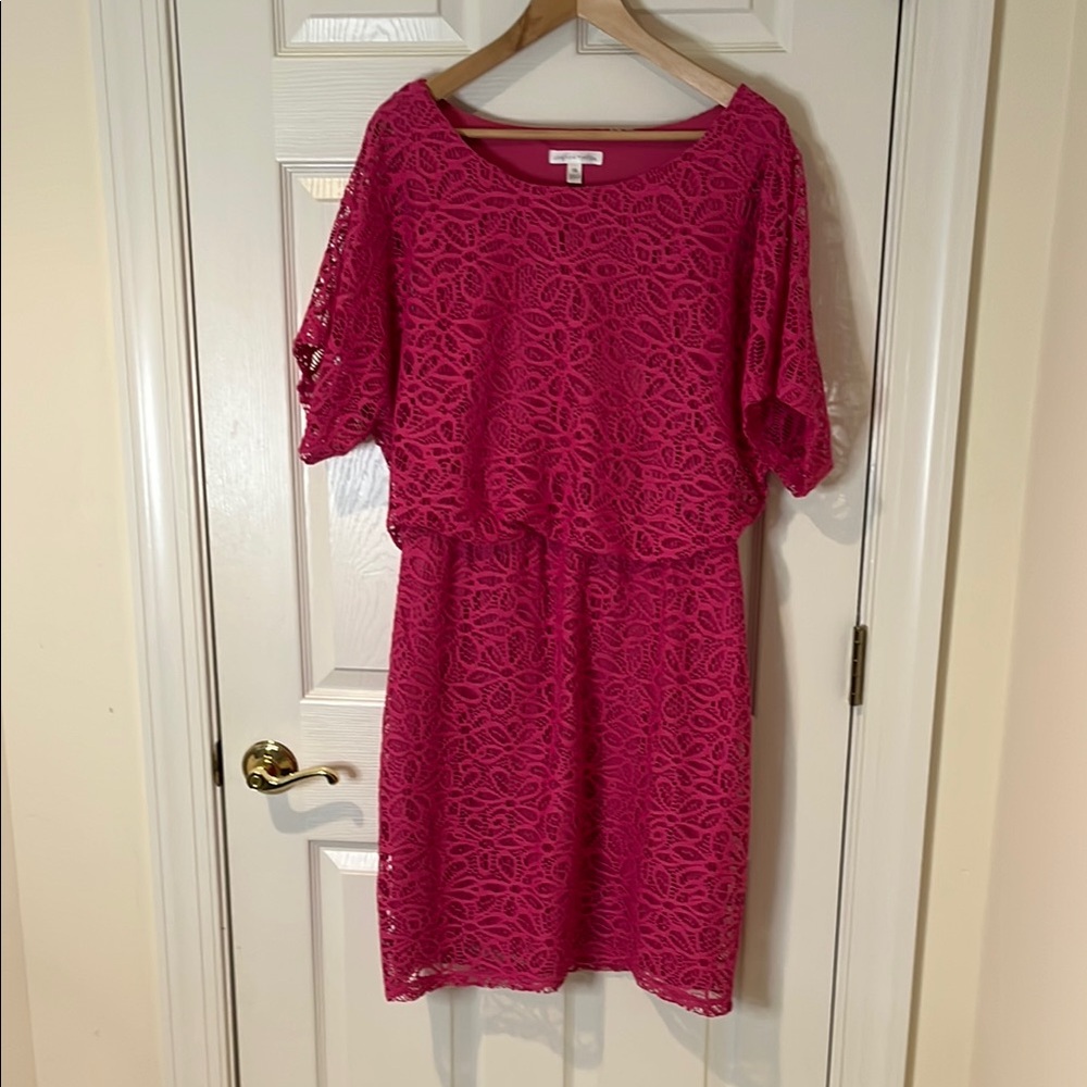 London Times Pink Casual Midi Dress with Scoop Neck